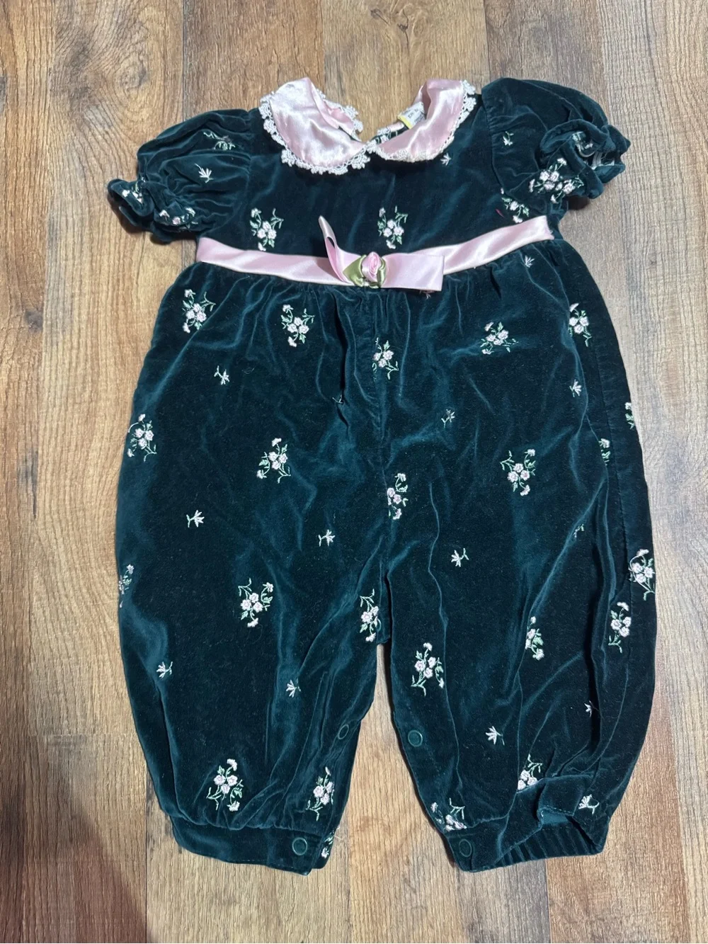 Velvet Floral Embroidered Baby Romper with Pink Trim